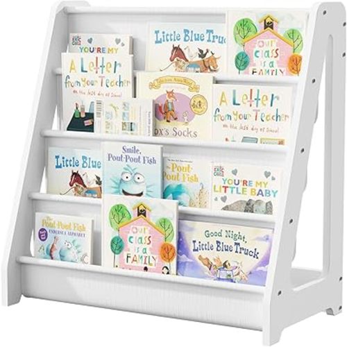 NACHES 4-Tier Fabric Kids Bookshelf, Large Capacity Montessori Sling Bookcase with 4 Deep Pockets, Magazine and Book Storage Rack for Nursery, Kids Room, Bedroom, Playroom (White)