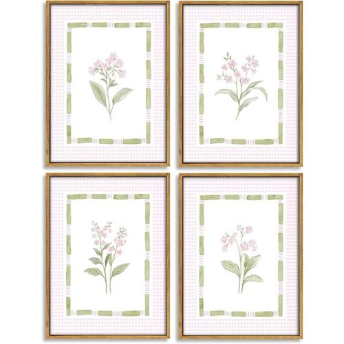 Pink Floral Nursery Wall Art Watercolor Wildflower Pictures Wall Decor Sage Green Botanical Posters Vintage Grandmillenial Flower Painting Print Artwork for Baby Girls Room Bedroom, Framed