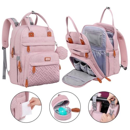 BabbleRoo Original Diaper Bag Backpack Stylish 26L Hands Free Baby Bag with Changing Pad, Stroller Straps & Water-Resistant Pañaleras , Pink, Large