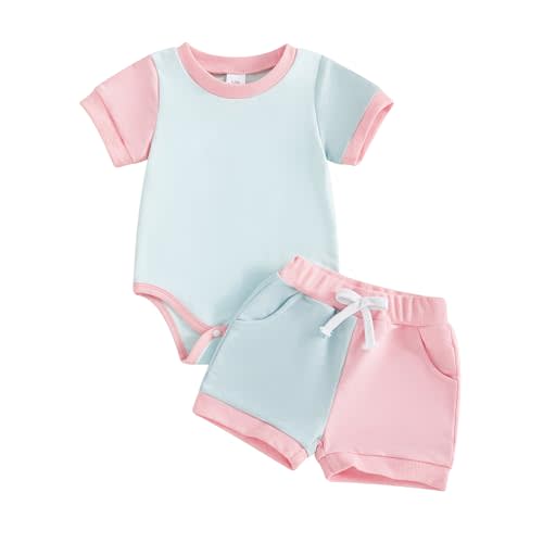 allshope Newborn Baby Girl Summer Outfit Set Contrast Color Romper Jumpsuit Tops Shorts Cute Infant Clothes