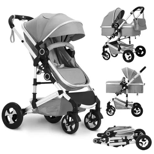 Convertible Baby Stroller, 3 in 1 Folding Infant Stroller, High Landscape Pushchair w/Adjustable Backrest & Canopy, Newborn Pram with Foot Cover, Storage Basket, Light Grey