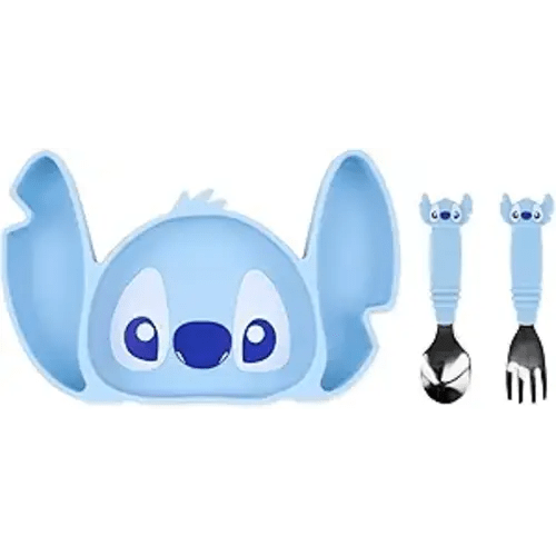 Bumkins Disney Stitch - Silicone Grip Dish, Fork & Spoon - For Ages 18 Months+ - Suction Base - 100% Food-Safe Silicone - Freezer, & Dishwasher Safe