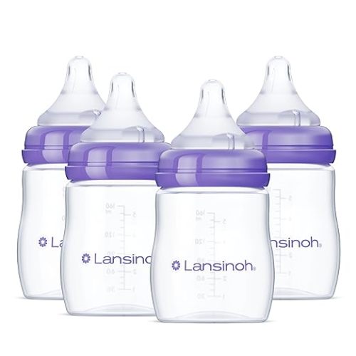 Lansinoh Anti-Colic Baby Bottles for Breastfeeding Babies, 5 Ounces, 4 Count, Includes 4 Slow Flow Nipples, Size S