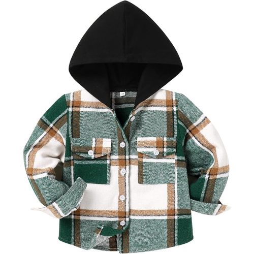 YOUNGER STAR Toddler KidsBaby Boys Hooded Plaid Shirt Classical Shirt Hooded Jacket Fall Winter Clothes (Green plaid black hat hood, 3-6 Months)