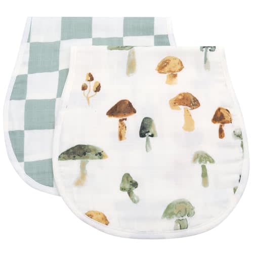LifeTree Muslin Baby Burp Cloths - 2 Pack 70% Viscose from Bamboo and 30% Cotton Large 22'' by 10.6'' Absorbent Milk Spit Up Rags - Burping Cloths for Newborn, Girls Boys, Mushroom and Green Checkered