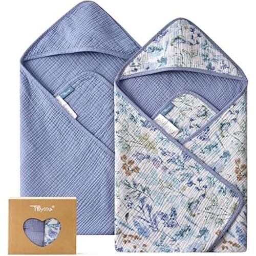 TILLYOU Muslin Hooded Baby Towels for Newborn 2 Pack, 32x32Inch Soft Baby Bath Towel Highly Absorbent for Newborn and Infant, Essential for Newborn Care, Blue Flower