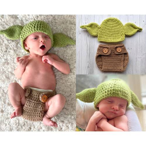 Baby Yoda/ Grogu Mandalorian Inspired Crochet Hat and Nappy Cover. New born Gift. Photoshoot prop