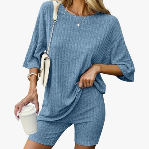 Ekouaer Pajamas 2 Piece Lounge Sets Ribbed Knit Matching Outfits T-shirt Biker Shorts Sleepwear Loungewear Sweatsuits
