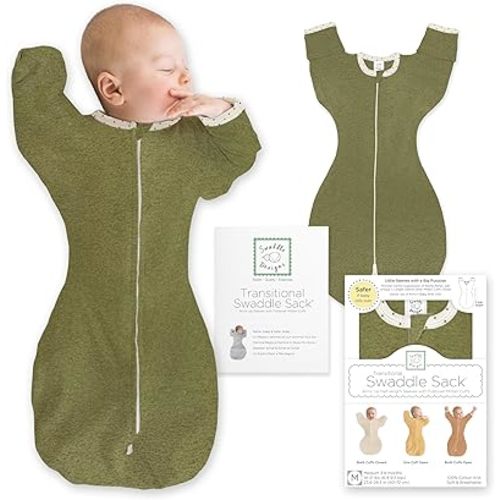 SwaddleDesigns Transitional Swaddle Sack, Arms Up Half-Length Sleeves & Mitten Cuffs, Swaddle for Newborn Transition to Baby Sleep Sack Wearable Blanket, 0-3 Month, 6-14 lb, Heathered Green Turtle