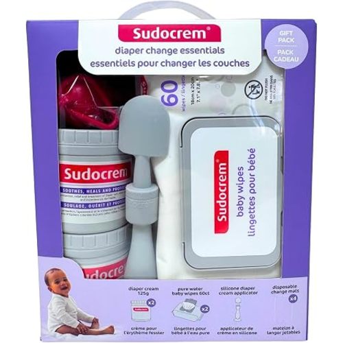 Sudocrem Diaper Change Gift Set - Includes: 2 x 60 Count Wipes, 2 x 125g Sudocrem, 1 x Diaper Cream Applicator, 4 x Disposable Change Mats - 9 Piece Gift Box Set for Baby and Toddler