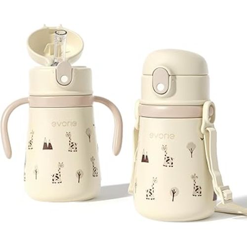 Evorie Leak Proof Vacuum Insulated Water Bottle, 316L Stainless Steel Sippy Cup for Toddlers, 11 oz Straw Cup with Handle & Adjustable Strap, Keeps Drinks Warm or Cold (1Pack, Giraffe)