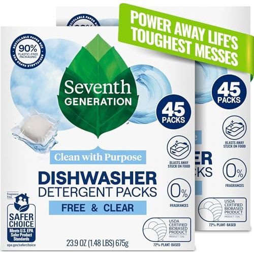 Seventh Generation Dishwasher Detergent Packs, Free & Clear, 45 Count, Pack of 2, Plant Powered Cleaning, Fights Greasy Reside & Stuck-On Food For Sparkling Dishes, Fragrance-Free & Septic Safe