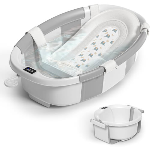 Collapsible Baby Bathtub for Newborn to Toddler 0-36 Months, Spacious Foldable Infant Bath Tub with Thermometer, Cushion & Drain Hole, Portable Travel Tub Grey