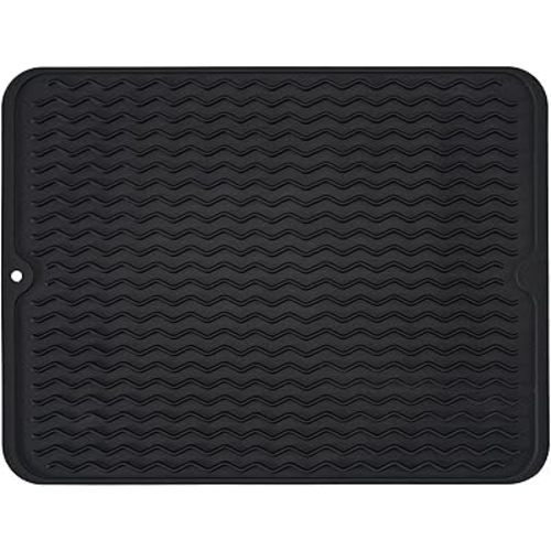 Silicone Dish Drying Mat, Non-Slip Easy Clean Sink Mat Large Heat-resistant Dish Drainer Mat for Kitchen Counter, Sink, Refrigerator or Drawer liner (16" x 12", BLACK)