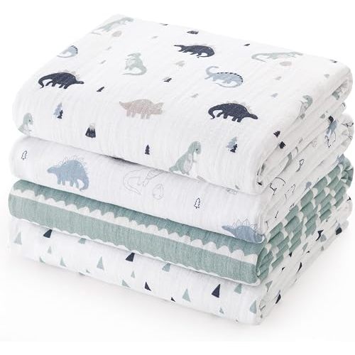 david's kids 4 Pack Baby Muslin Swaddle Blankets, 100% Cotton and Ultra Soft Breathable Receiving Blanket Wrap for Boys Girls, New Born Essentials, Large 47 x 47 inches, Dinosaur