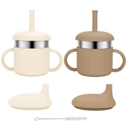 EsOfficce Baby Sippy Cups, 7.4 Oz 3 Stages Training Straw Cups for Infants Toddlers 6-12 Month and Kids 1-3 Year, Stainless Steel Kid Cups with Silicone Straws (Beige+Brown)