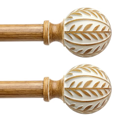 QDWIS 2 Pack Boho Wood Curtain Rods for Windows 28 to 48 inch,1" Adjustable Heavy Duty Window Curtain Rod with Imitation Wood Grain Finials,Rustic Decorative Drapery Rods Set 18-60'',Maple Wood