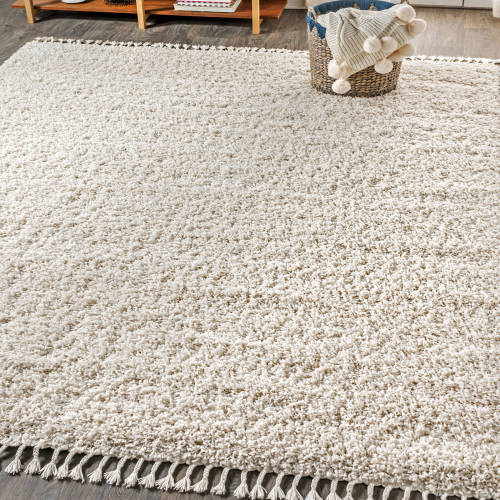 JONATHAN  Y MERCER SHAG Plush Tassel 8 x 10 (ft) Loomed Polypropylene Cream Rectangular Indoor Solid Mid-Century Modern Spot Clean Only Pet Friendly Area rug