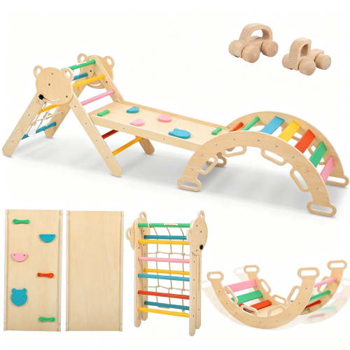 iYofe Pikler Triangle Set, Wooden Toddler Climber with Arch, Ramp, Climbing Net and 2 Wooden Cars, Indoor Play Gym for Ages 1-3