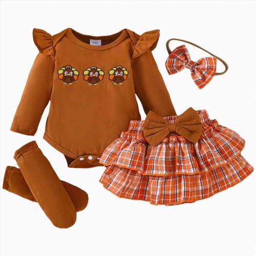 mgoYE Baby Girl 0-3 Months Outfits My 1st Halloween Baby Girl Outfits Letter Ghost Pumpkin Print Romper Suspender Skirts Headband Socks 4Pcs Set|Brown 0-3 Months