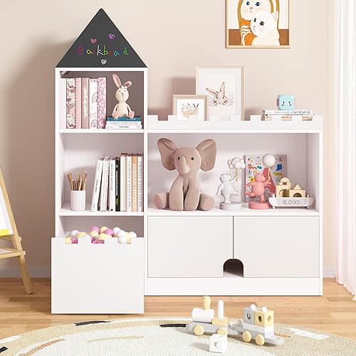 Toy Storage Organizer, Kids Castle Bookshelf, 6 Cubby Children Bookshelf, 39.4’’ Wood Montessori Shelf Baby Book Shelf for Nursery, Playroom, Living Room (White)