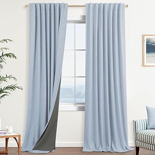 KOUFALL Light Blue Back Tab Linen Blackout Curtains for Living Room 52 by 96 Inch Length