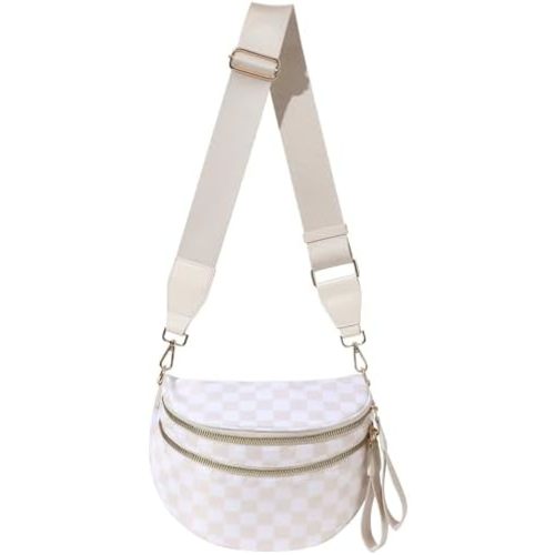 Checkered Bum Bag for Women, Roomy Crossbody Fanny Pack with Plus Size Adjustable Strap (Beige Checkered)
