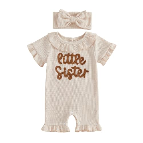 Sejardin Baby Girl Romper Letter Embroidery Newborn Infant Summer Clothes Short Sleeve Ruffle Crew Neck Jumpsuit Headband