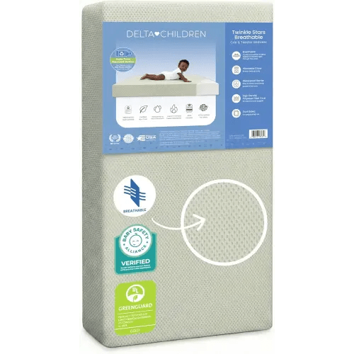 Delta Children Twinkle Stars Breathable Baby Bed Crib Mattress and Toddler Mattress with Removable/Machine Washable Cover - GREENGUARD Gold – Waterproof - Sustainably Sourced Core Fiber Core, Green