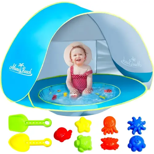 Monobeach Baby Beach Tent with Beach Sand Toys Pop Up Portable Shade Pool UPF50+ UV Protection Sun Shelter for Infant with Easy Set Up Canopy (Blue with Toys)