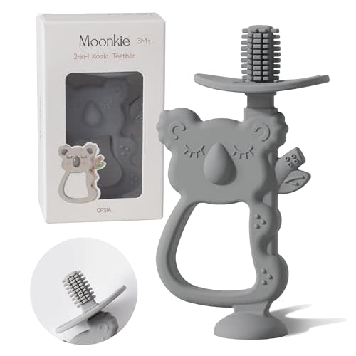 Moonkie Teething Toy, Safe & Easy to Hold BPA Free Silicone Teethers, 360° Baby Toothbrush with Suction Base, Teether Toys Best for Babies 6-12 Months (Koala Lunar Grey)