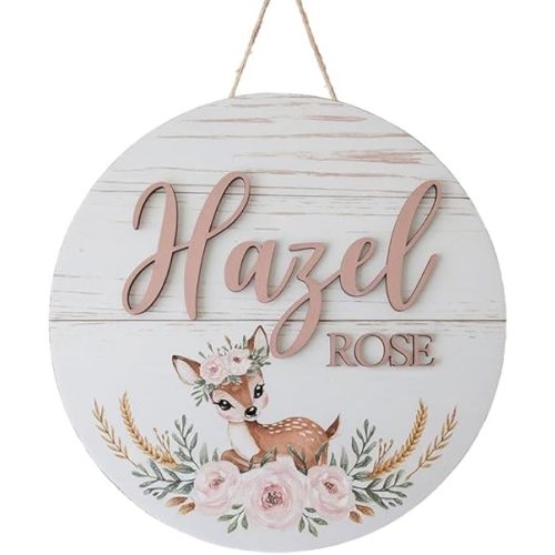 Personalized Baby Name Signs for Nursery, Floral Deer Sign for Baby Door Decor, Newborn Gifts for Girl, Girls Nursery Wall Bedroom Decorations, Mother's Day Gifts for New Mom Dad Gift