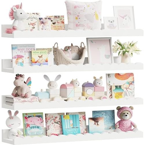 4-Pack 23.5IN Scalloped Shelves, Nursery Shelves for Wall, Floating Nursery Book Shelves for Kids, White