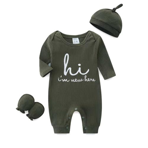 Babymine Newborn Unisex Baby Clothes 0-3 Months,Long Sleeve Onesie Infant Coming Home Outfits Romper with Mittens & Hat