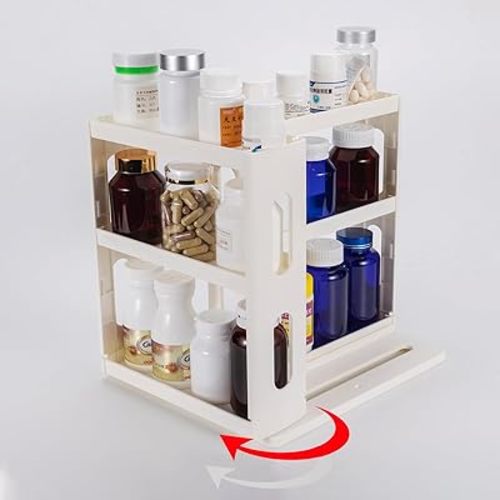 Medicine Organizer 2 Three-Decker Shelves Cabinet Storage Rack Organizer for Holding Vitamins, Supplements Cosmetics 10.82”H x 5.82”W x 10.43”D (Creamy White)