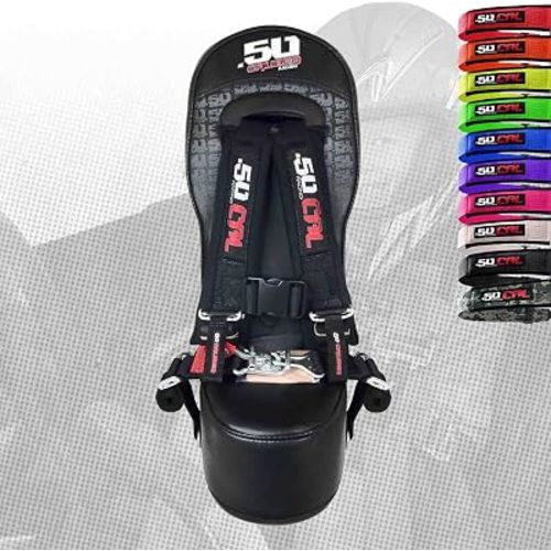 50 Cal Racing Bump Seat + Black 4 Point Harness, Latch Release, 9 Color Options, Compatiable with Polaris XP 900, UTVs, Off Road [5048A8 CB 6008]