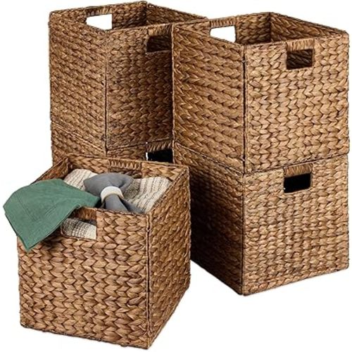 Best Choice Products 10.5x10.5in Pack of 5 Cube Storage Baskets, Water Hyacinth Multipurpose Collapsible Organizers, Handwoven Laundry Totes for Laundry, Living Room, Kids Room & Nursery - Chestnut
