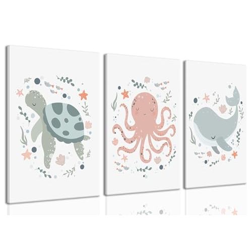 Wodkwq Ocean Nursery Canvas wall Art,Nursery Wall Decor,Kids Bathroom Decor,Under The Sea Picture,Boys Room Sea Animal Prints Set of 3,Bedroom 12x16 Inch Framed