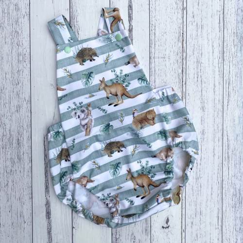 Aussie Animal Adventure Playsuit - 100% Cotton, Snaps on Straps, Sizes 000-2 - Cuddle Up with Koalas, Kangaroos & Friends