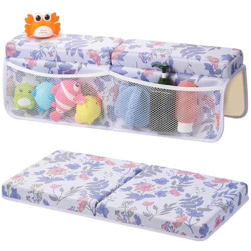 Bath Kneeler and Elbow Rest Pad Set, 1.5” Thick Bathtub Kneeling Mat | Cozy Memory Foam, Non-Slip 6 Suction Cups and 4 Toys Organizer Pockets, Quick-Dry Bath Kneeling Pad for Babies Toddlers