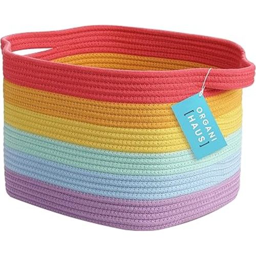 OrganiHaus Woven Toy Basket Storage for Kids Room, Rectangular Basket for Shelves, Cotton Rope Basket for Storage, Decorative Baby Basket, Storage Bins, Rainbow Storage Basket, Magazine Basket 14x9 In