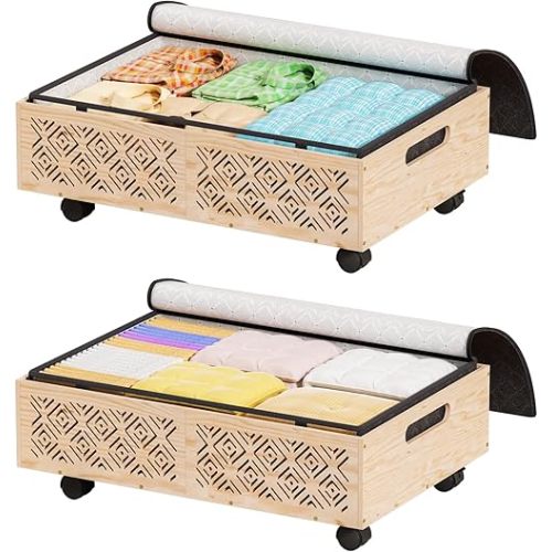 Under Bed Storage Containers-2 Pack Wooden Underbed Organizer with Wheels with Large Capacity Dust Bag, Stackable Under Bed Drawer Storage