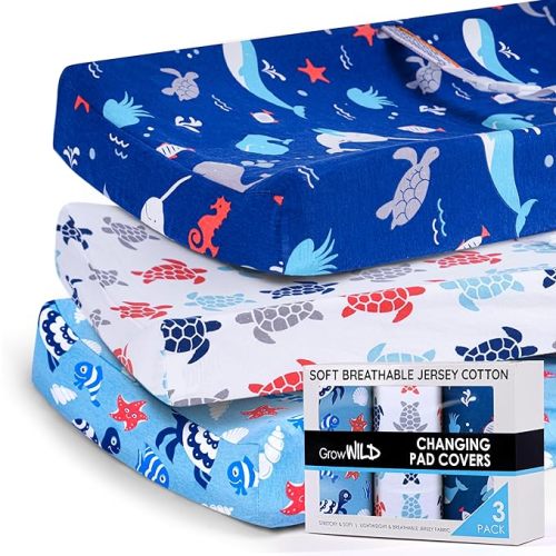 Changing Pad Cover 3 Pack | Soft & Stretchy Jersey Cotton | Baby Changing Table Pad Cover | Diaper Changing Pad Covers for Girls and Boys (Ocean & Under the Sea)