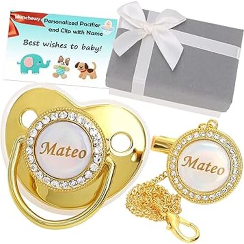 Personalized Pacifier with Name, Bling Gold Pacifier Clip Set with Gift Box Greeting Card, Glitter Crystal Luxurious Soother Dummy Ideal Gift for Boys Baby Shower Newborn Photography(Gold)