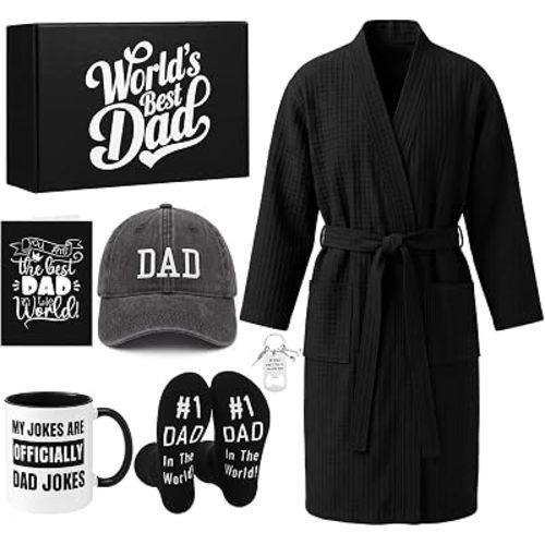 7 Pcs Dad Gift Set Best Dad Gifts for Father Care Package with Coffee Mug, Baseball Cap, Waffle Bathrobe, Socks, Bottle Opener Keychain, Card for Father's Day Birthday Christmas