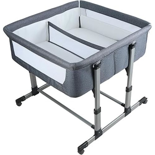 Twin Bassinet for 2 Babies, 6-Height Adjustable Bedside Attaches to Adult Bed, Inclined Crib to Reduce Spit-Up, Holds 88lbs with Wheels, Tool-Free Setup,Removable Mattress (Dark Gray)