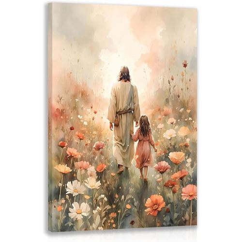 Cyebmo Framed Jesus and Little Girl Wall Art, Pink Flower Inspirational Wall Decor, Modern Christian Canvas Painting, Jesus Christ Child Walking Poster Print for Nursery Church Bedroom 12"x16"