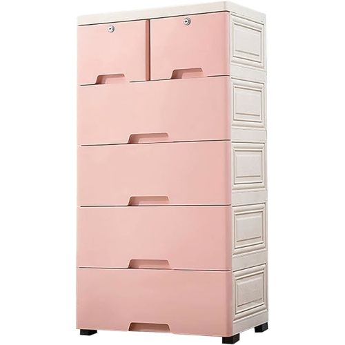 6 Drawer Dresser Vertical Cupboard Cabinet Plastic Dresser Storage with 4 Wheel and 4 Large Drawers and Top 2 Small Cabinets Locker(With Keys) for Closets Bedrooms Nurseries Playrooms and More (Pink)