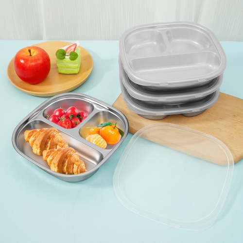 AEVXKHI 4PCS Stainless Steel Kids Plates, Stackable Toddler Plates, Balanced Bites Divided Plates, Anti Rust Food Tray Dishes with Lid, Portion Control Platter with 3 compartments for Picnic Camping