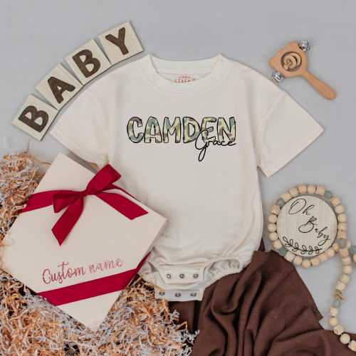 Mallard Duck Custom Name Baby Romper – Personalized Outdoor Baby Outfit, Nature Camo Bubble Romper, Duck Theme Baby Boy Clothes for Summer